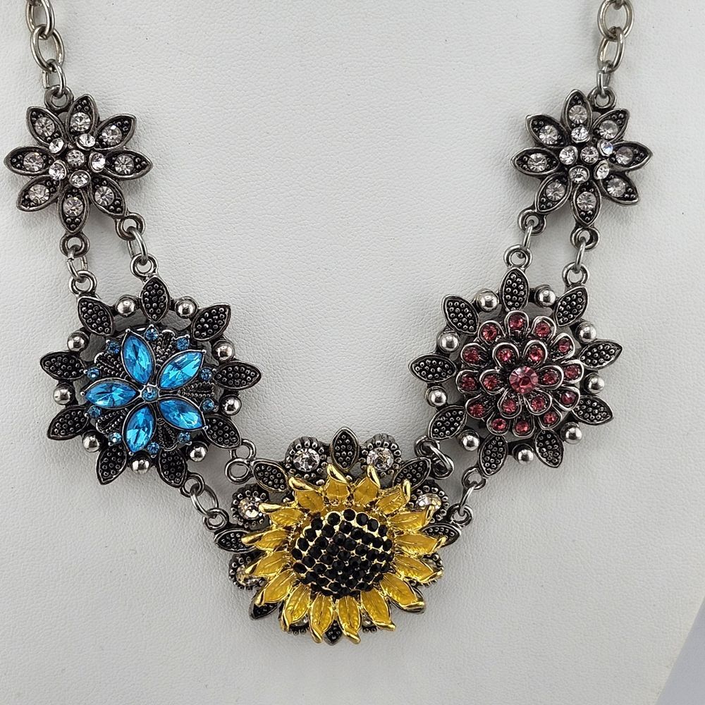Silver Tone Rhinestone Statement Flower‎ Necklace Sunflower